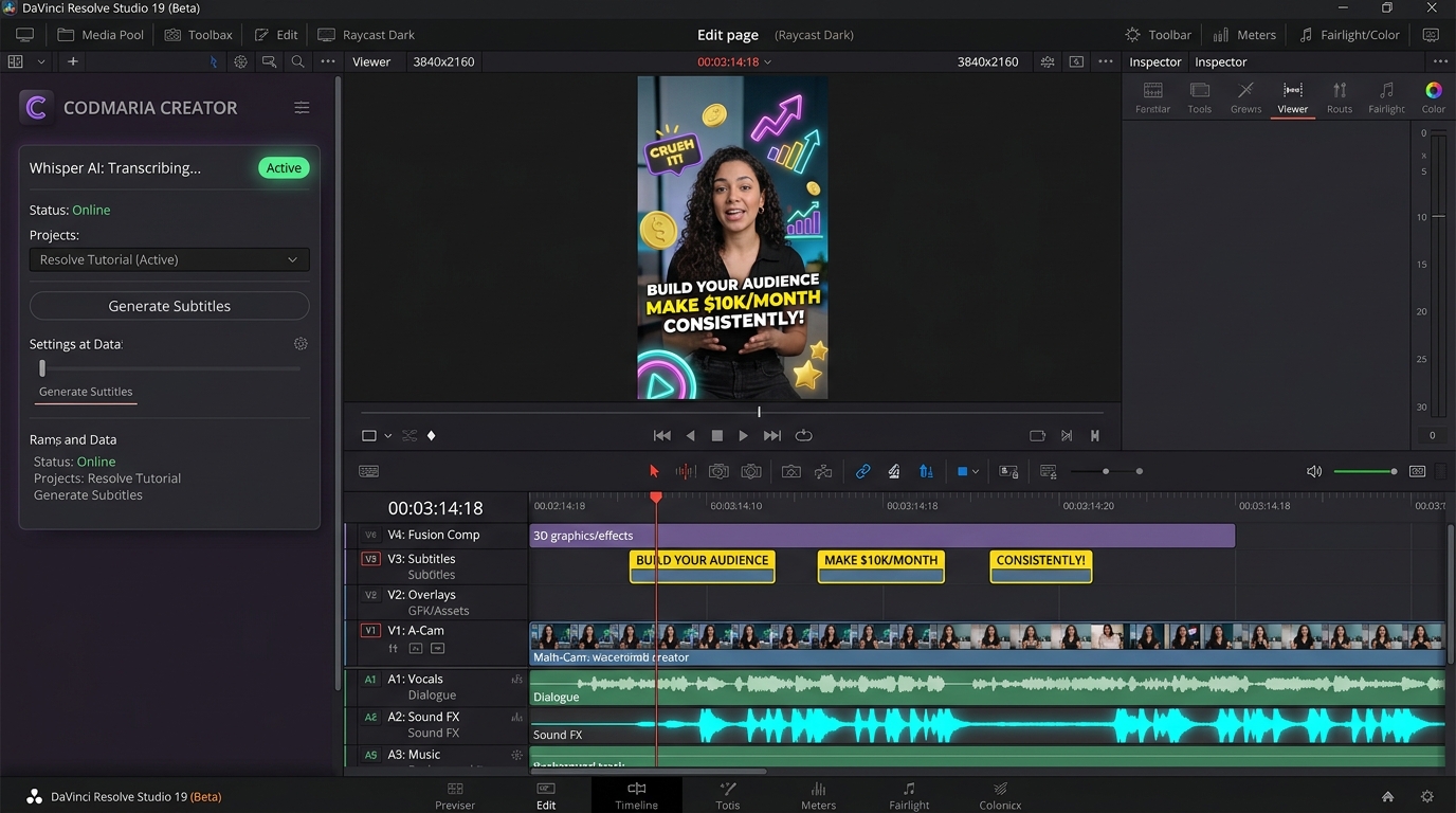 DaVinci Resolve Studio 19 running Codmaria Creator plugin with subtitles, 3D graphics and audio waveforms
