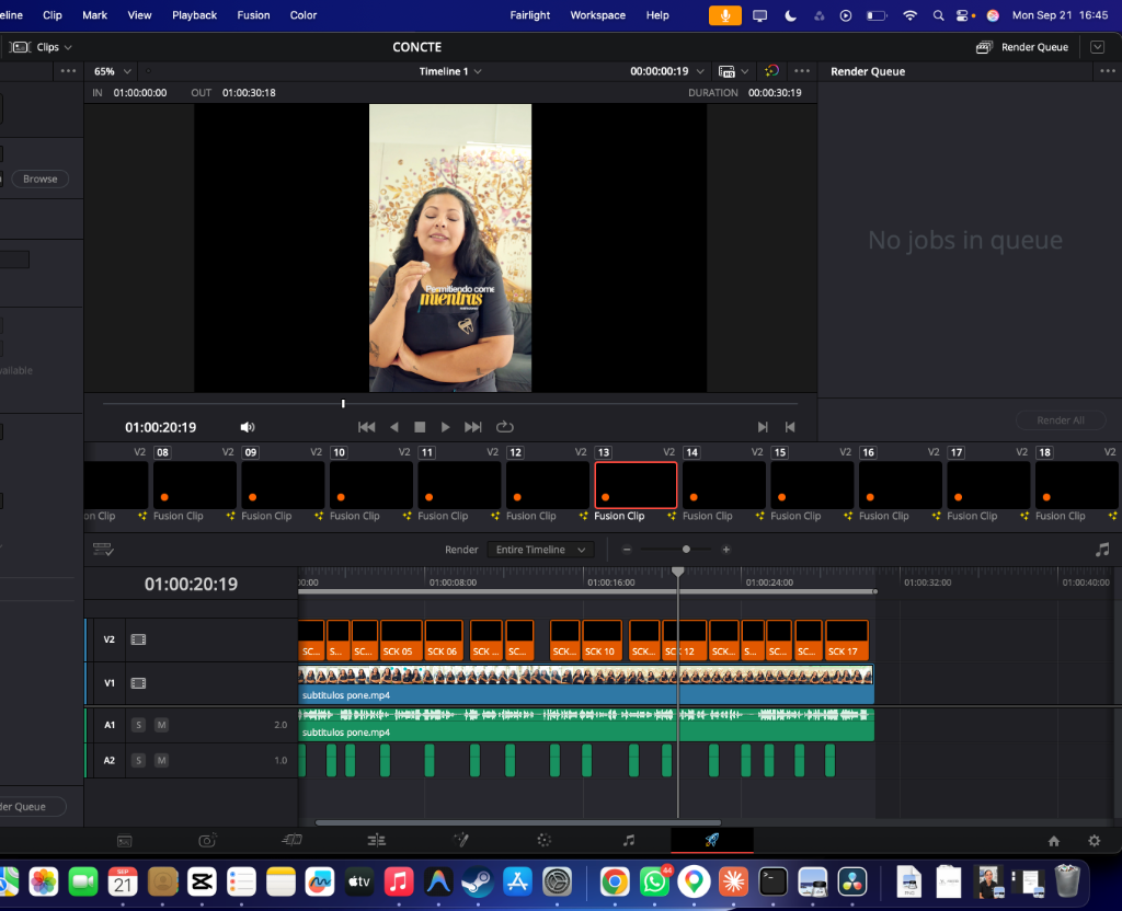 DaVinci Resolve Timeline con subtítulos y SFX automáticos